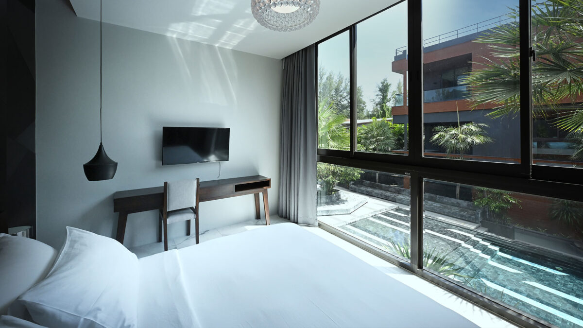 2-Bedroom Pool Villa bedroom with private plunge pool view, Glam Habitat Hotel Kamala Beach Phuket