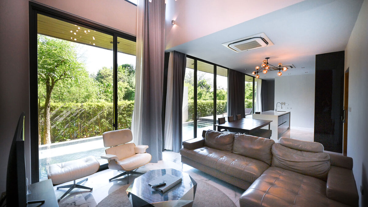 3-Bedroom Pool Villa living and dining area with garden view, Glam Habitat Hotel Kamala Beach Phuket