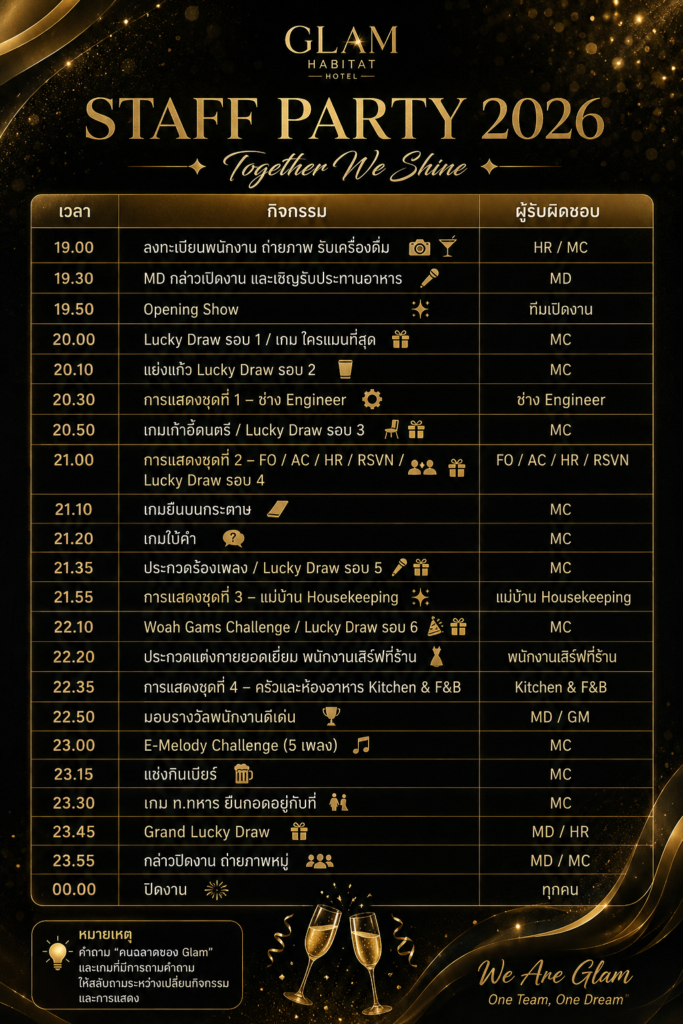 Glam Habitat Staff Party 2026 Together We Shine schedule of events at Helen KTV