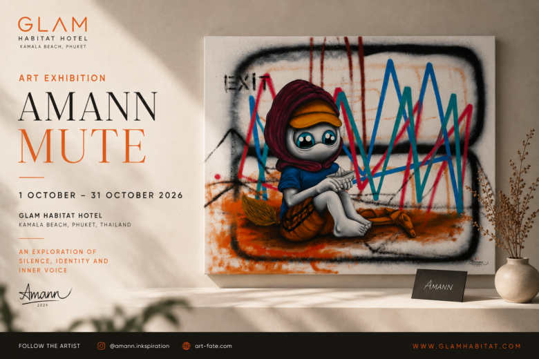 MUTE exhibition poster for Amann at Glam Habitat Hotel, Kamala Beach, Phuket, 1-31 October 2026