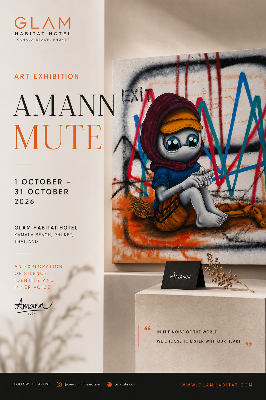MUTE exhibition poster with the quote 'In the noise of the world, we choose to listen with our heart'